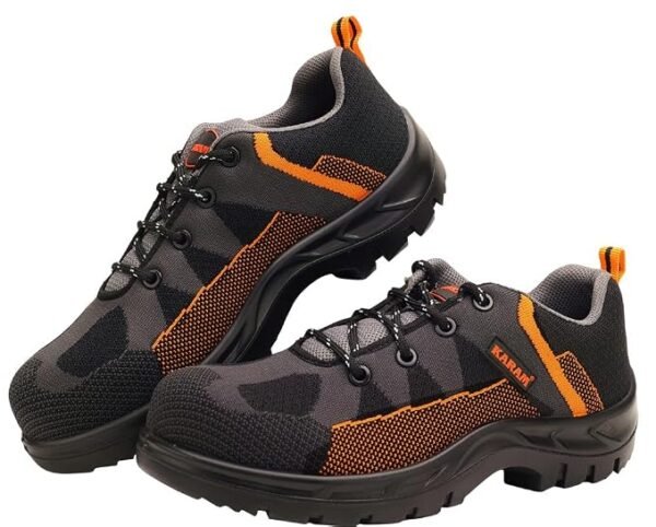 KARAM Flytex FS210 Safety Shoes for Men | Sporty Design, Lightweight with Single Density | Antistatic, Antislip, Oil & Heat Resistant with Fiber Toe | Grey & Orange |