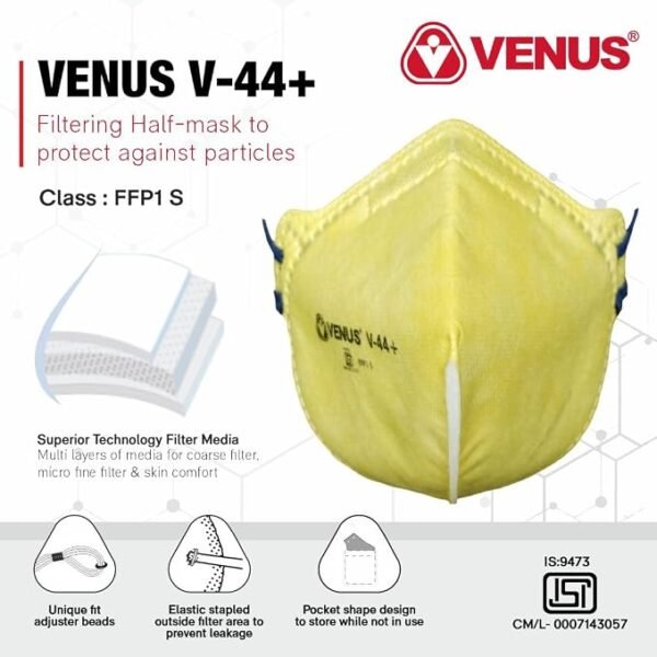 VENUS V-44+ FFP1S Unisex Anti Pollution with Head Loop fitting, Fold Flat Face Mask Yellow ISI Approved, Protection Sub-Micron Particles, Fine Dust, Micro Fine Filters & Skin Comfort Layer