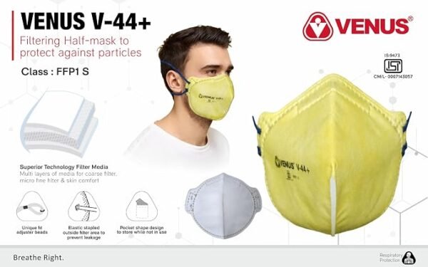 VENUS V-44+ FFP1S Unisex Anti Pollution with Head Loop fitting, Fold Flat Face Mask Yellow ISI Approved, Protection Sub-Micron Particles, Fine Dust, Micro Fine Filters & Skin Comfort Layer