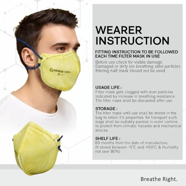 VENUS V-44+ FFP1S Unisex Anti Pollution with Head Loop fitting, Fold Flat Face Mask Yellow ISI Approved, Protection Sub-Micron Particles, Fine Dust, Micro Fine Filters & Skin Comfort Layer