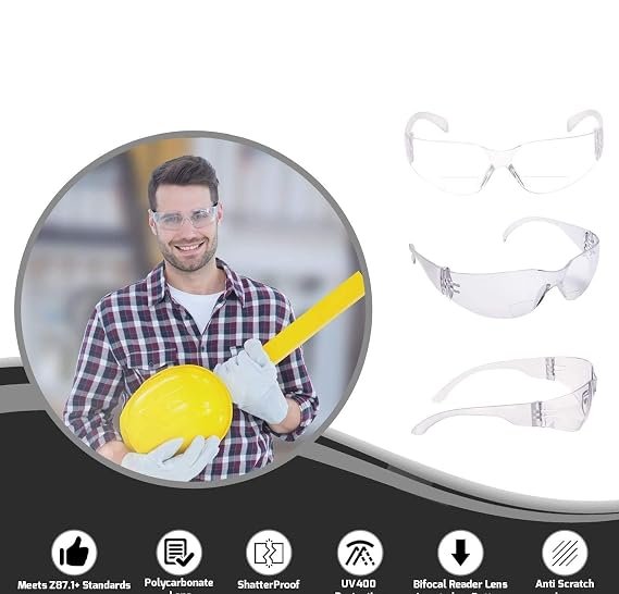 Safety Glasses with Clear White Type Anti Fog Scratch Resistant Wrap-Around Lenses and No-Slip Grips, UV Protection. Adjustable, White Frames- Pack of 5