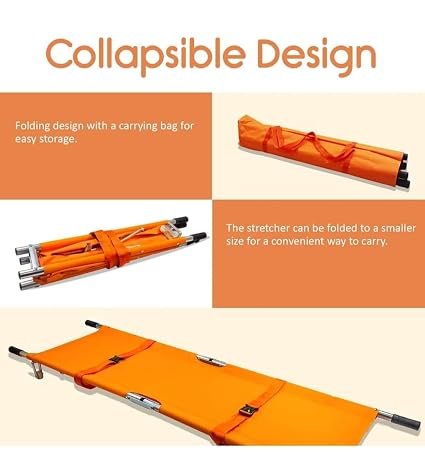 Foldable Two Fold Stretcher Aluminium for Medical Emergency with Patient Holding Strap With Carry Bag Made In India (STRETCHER ORANGE COLOR)