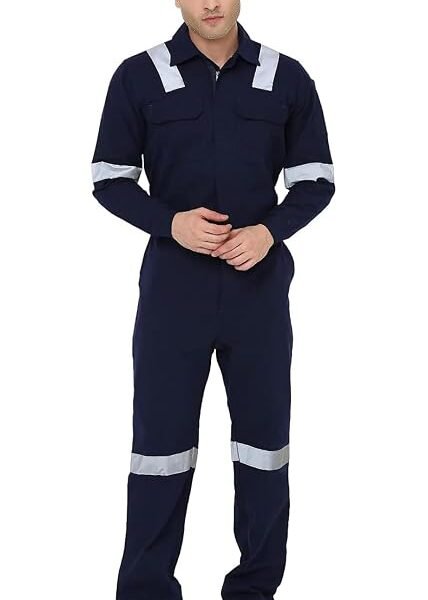 Men's Industrial Work Wear Coverall Boiler Suit, Navy Blue, 100% Cotton, with Reflective Tape