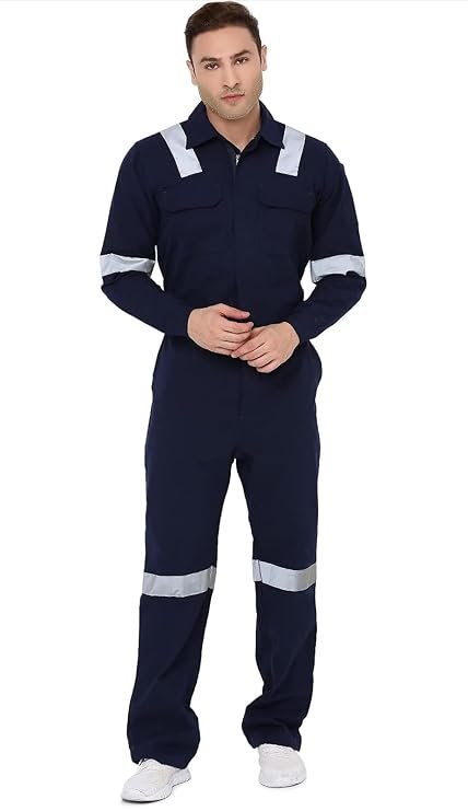 Men's Industrial Work Wear Coverall Boiler Suit, Navy Blue, 100% Cotton, with Reflective Tape