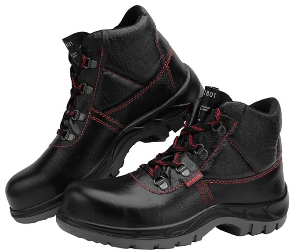 Karam FS21 Black Leather Safety Shoes for Men | Double Density with Fiber Toe | Antistatic, Antislip, Oil & Heat Resistant |