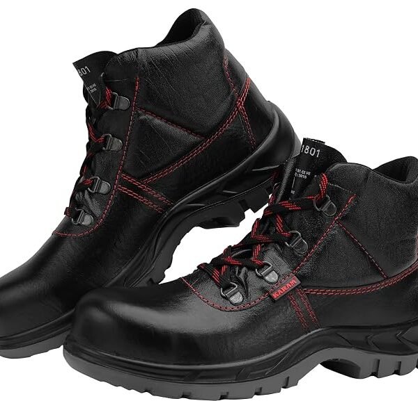 Karam FS21 Black Leather Safety Shoes for Men | Double Density with Fiber Toe | Antistatic, Antislip, Oil & Heat Resistant |