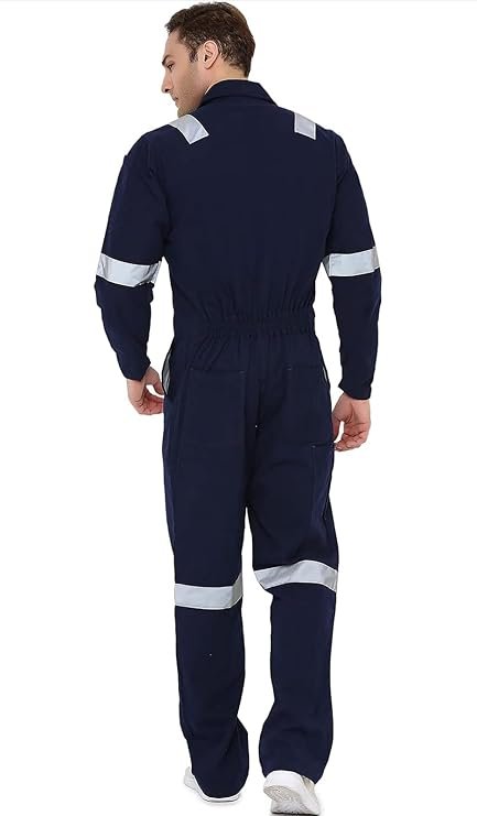 Men's Industrial Work Wear Coverall Boiler Suit, Navy Blue, 100% Cotton, with Reflective Tape