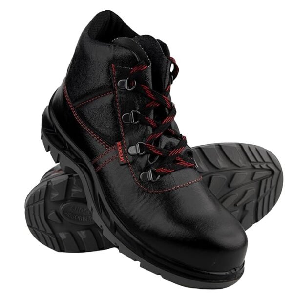 Karam FS21 Black Leather Safety Shoes for Men | Double Density with Fiber Toe | Antistatic, Antislip, Oil & Heat Resistant |