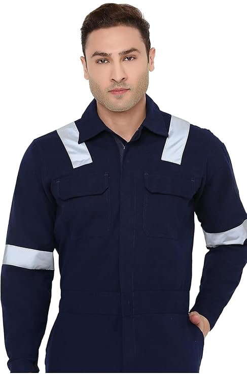 Men's Industrial Work Wear Coverall Boiler Suit, Navy Blue, 100% Cotton, with Reflective Tape