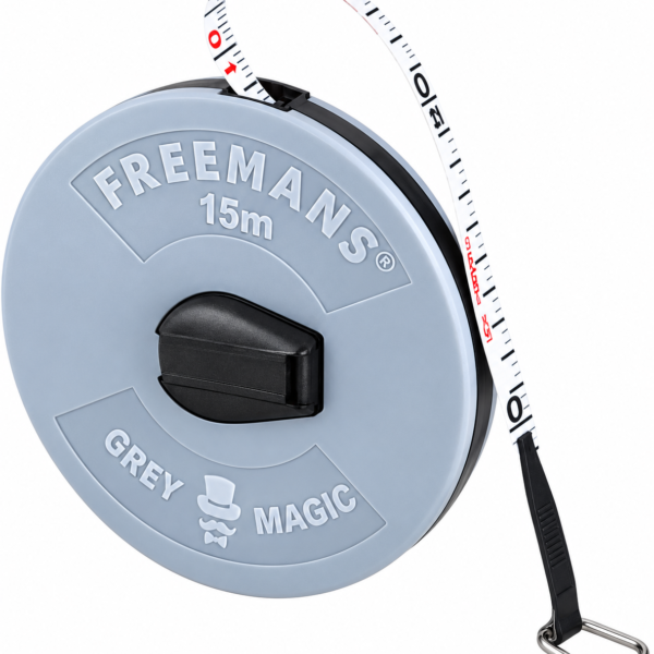 FREEMANS FM15 Grey Magic Fibreglass Measuring Tape - 15m/50ft With Unbreakable ABS Case | Durable Winding Mechanism Handle and Steel End Hook | Grey Color |