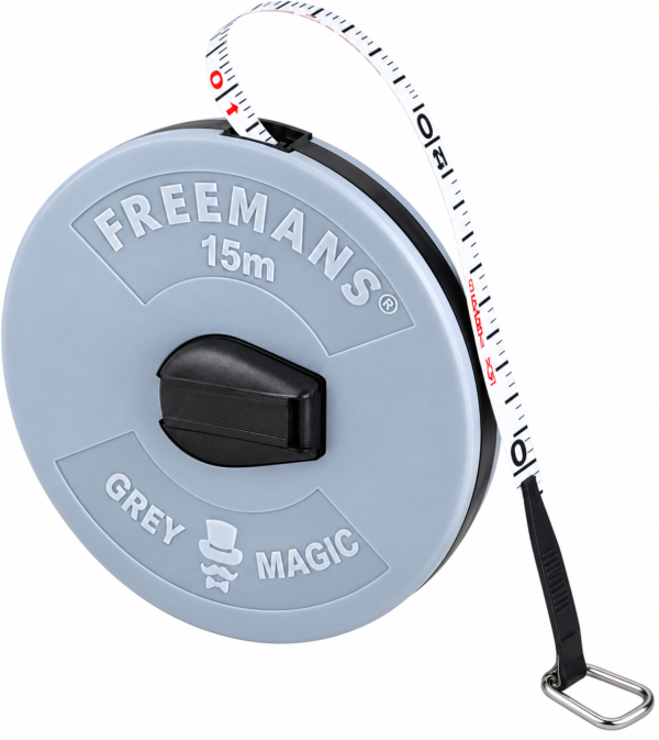 FREEMANS FM15 Grey Magic Fibreglass Measuring Tape - 15m/50ft With Unbreakable ABS Case | Durable Winding Mechanism Handle and Steel End Hook | Grey Color |