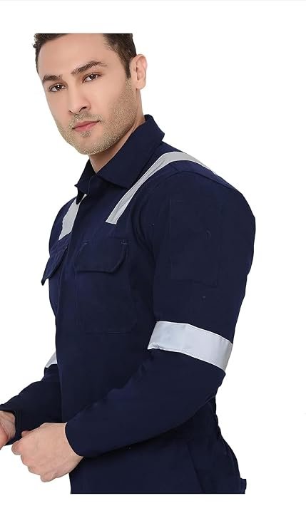 Men's Industrial Work Wear Coverall Boiler Suit, Navy Blue, 100% Cotton, with Reflective Tape