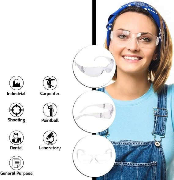 Safety Glasses with Clear White Type Anti Fog Scratch Resistant Wrap-Around Lenses and No-Slip Grips, UV Protection. Adjustable, White Frames- Pack of 5