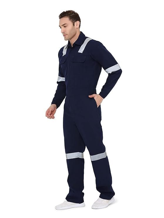 Men's Industrial Work Wear Coverall Boiler Suit, Navy Blue, 100% Cotton, with Reflective Tape