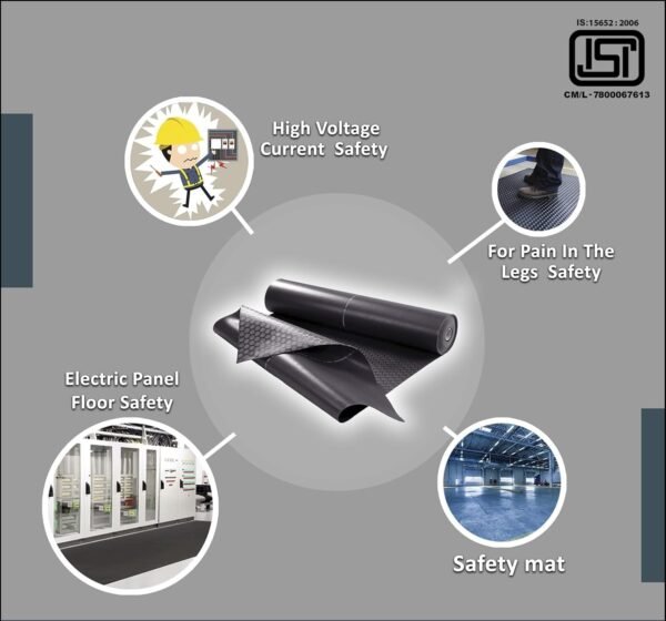 Electrical Insulation Rubber Mat 33KV – Anti Skid Shock Proof ISI Certified Safety Mat, 3mm Thickness, Black, 1 x 1 Meter