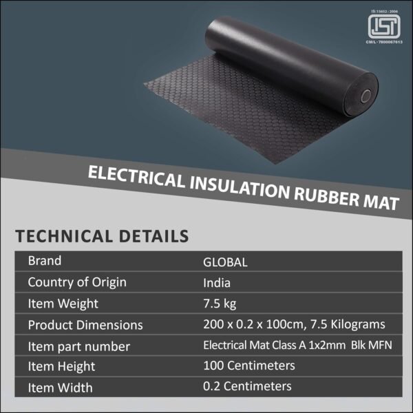 78 Electrical Insulation Rubber Mat 33KV – Anti Skid Shock Proof ISI Certified Safety Mat, 3mm Thickness, Black, 1 x 1 Meter