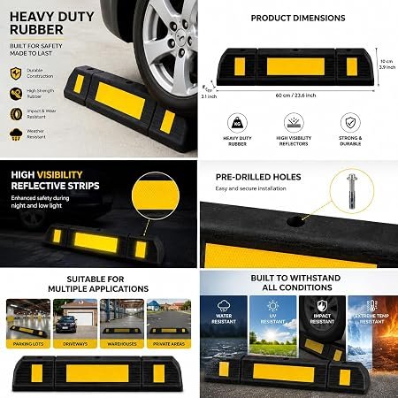 Hi-Ranger 500 mm, Pack of 4 Rubberised Car Wheel Parking Stopper for Garage Floor with Reflective Yellow Tape Curb
