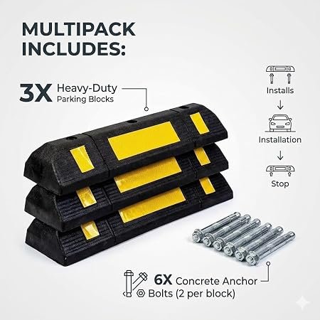 Hi-Ranger 500 mm, Pack of 4 Rubberised Car Wheel Parking Stopper for Garage Floor with Reflective Yellow Tape Curb