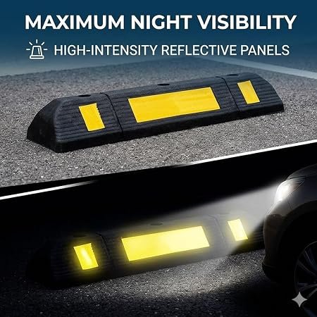 Hi-Ranger 500 mm, Pack of 4 Rubberised Car Wheel Parking Stopper for Garage Floor with Reflective Yellow Tape Curb
