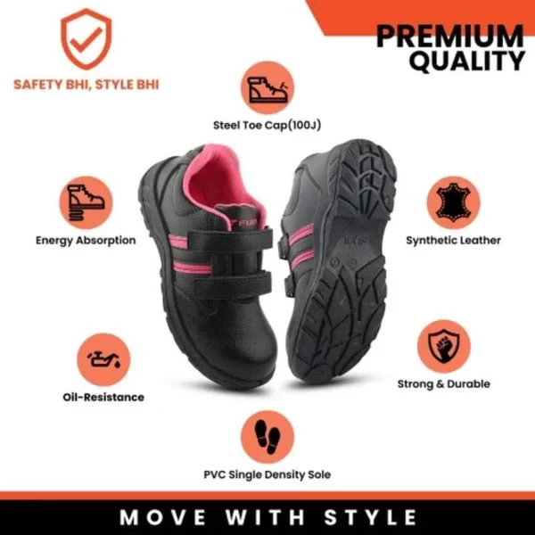 Fuel Riga Genuine Synthetic Leather Steel Toe Black & Pink Safety Shoes with PVC Single Density Sole |