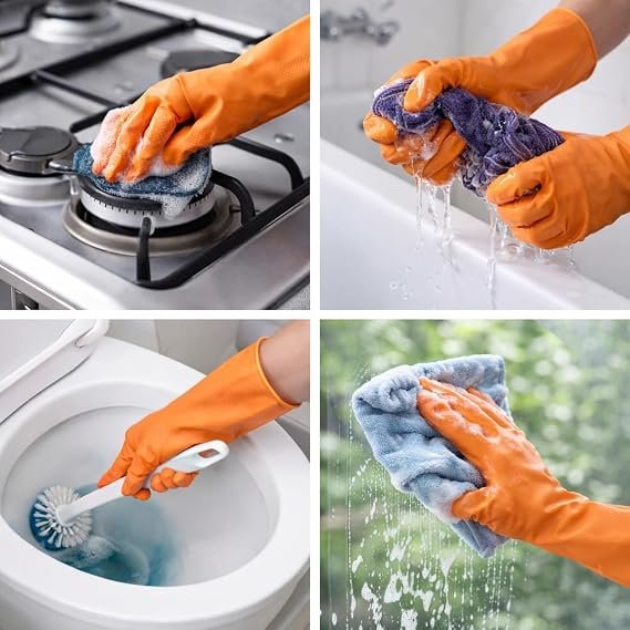 89 12 Inches Heavy Duty Hand Gloves, (Pack of 5) Washing Utensils, cleaning, Gardening, Dish Washing, Kitchen Gloves for Dishwashing, Industrial Gloves Orange |