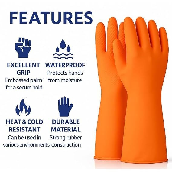 90 12 Inches Heavy Duty Hand Gloves, (Pack of 5) Washing Utensils, cleaning, Gardening, Dish Washing, Kitchen Gloves for Dishwashing, Industrial Gloves Orange |