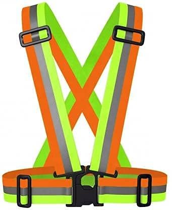 Reflective Vest Cross Belt Orange And Green Pack of 1 Adjustable Straps Ideal for Safety Construction Industrial work Cycling Running Travelling and Outdoor Activities