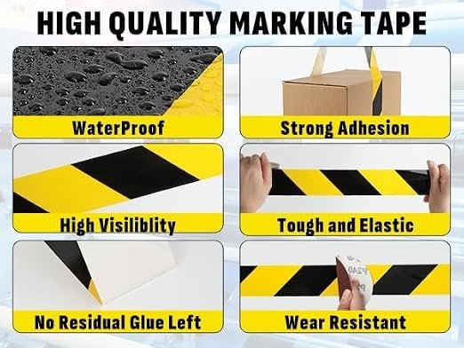 99 2 inch X 15 meter Pack of 1 Floor Marking Self Adhesive Safety Caution Tape High-Visibility Tape Bright Color PVC Vinyl Tape in Yellow Black Zebra Design