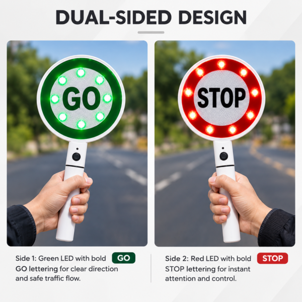 Robustt Dual-Sided STOP/GO handheld Sign - High Visibility LED, Battery Operated, Portable, and Lightweight Stop Sign for Traffic Management |