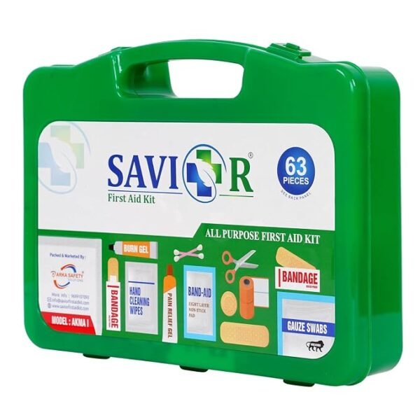 SAVIOR First Aid Kit (with all the items inside) Green Box- 63 Pieces, Model : AKMA I