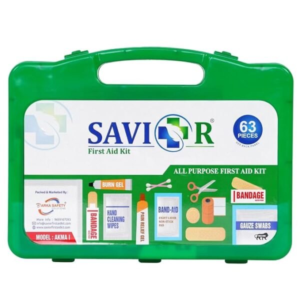 SAVIOR First Aid Kit (with all the items inside) Green Box- 63 Pieces, Model : AKMA I