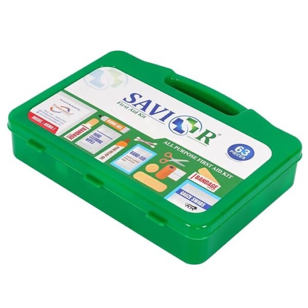 SAVIOR First Aid Kit (with all the items inside) Green Box- 63 Pieces, Model : AKMA I