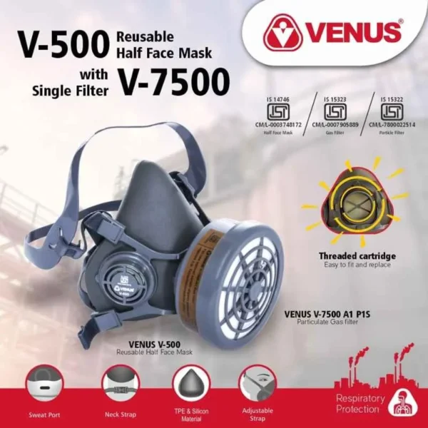 HALF FACE MASK VENUS V-500 + SINGLE FILTER V-7500 ISI |